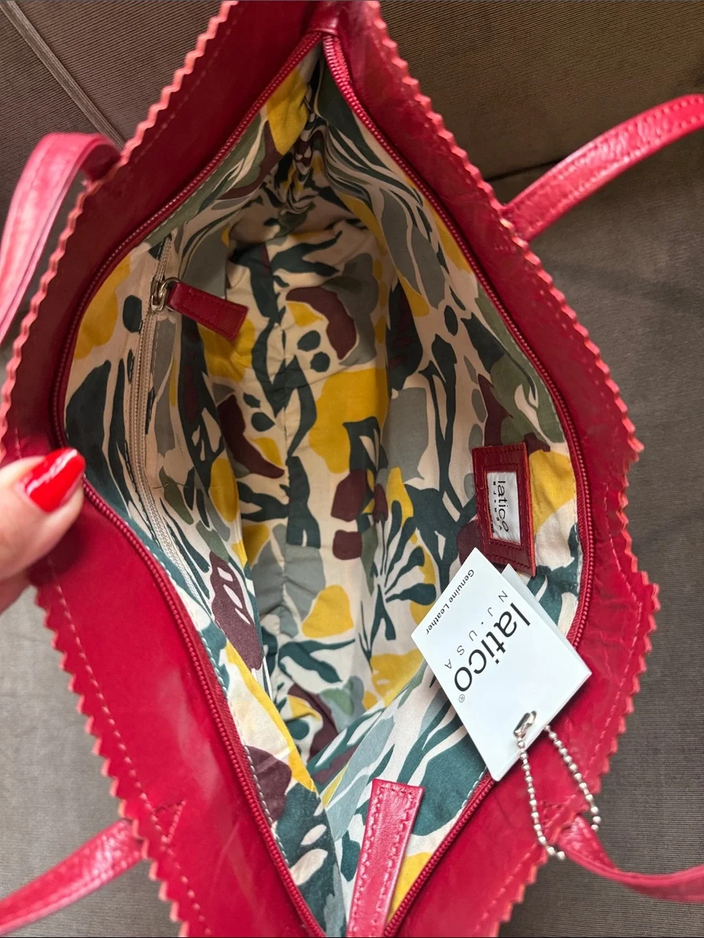 latico Red Leather Shoulder Tote with Floral Lining